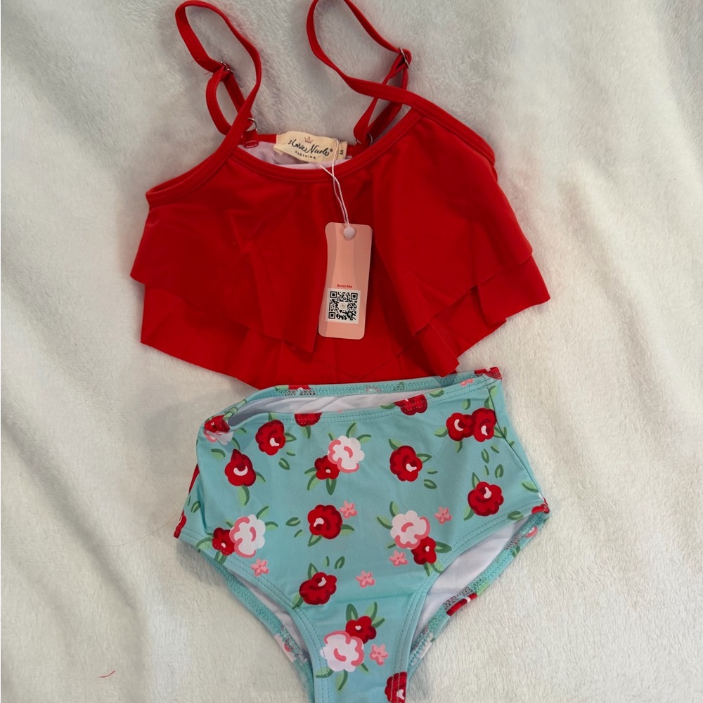 Red Ruffled Bikini Top and Floral Bottoms